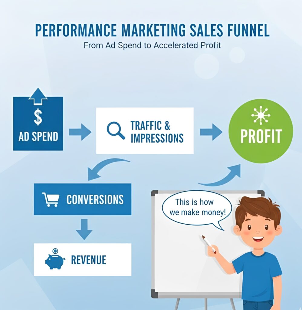 Diagram explaining a successful performance marketing strategy and sales funnel.
