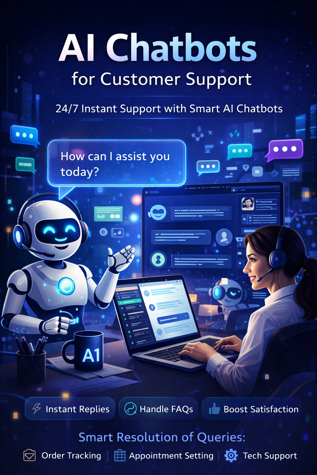 AI chatbot providing customer support with instant replies, live chat interface, and support agent using AI-powered system on laptop.