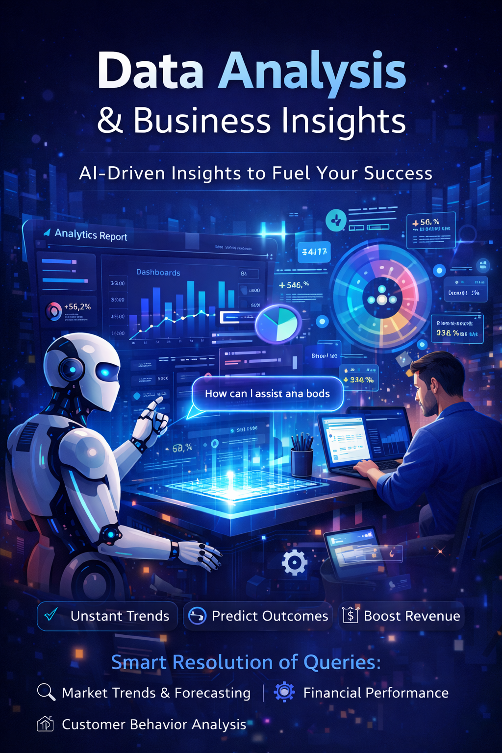 AI-powered data analysis dashboard showing business insights, analytics charts, graphs, and performance metrics for decision-making.