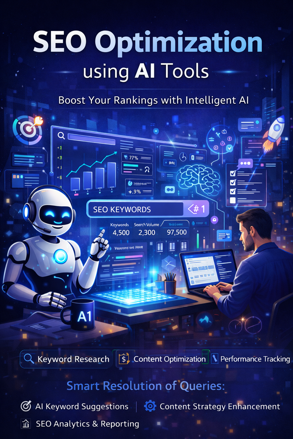 AI-powered SEO optimization dashboard with keyword analysis, search ranking graphs, website performance metrics, and digital marketing analytics.