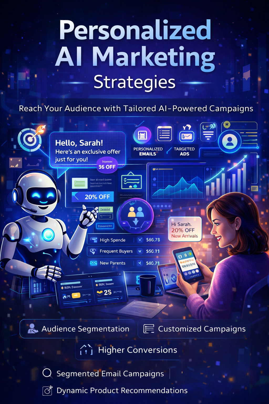 AI-powered personalized marketing dashboard showing targeted campaigns, customer segmentation, behavior tracking, and data-driven marketing automation.