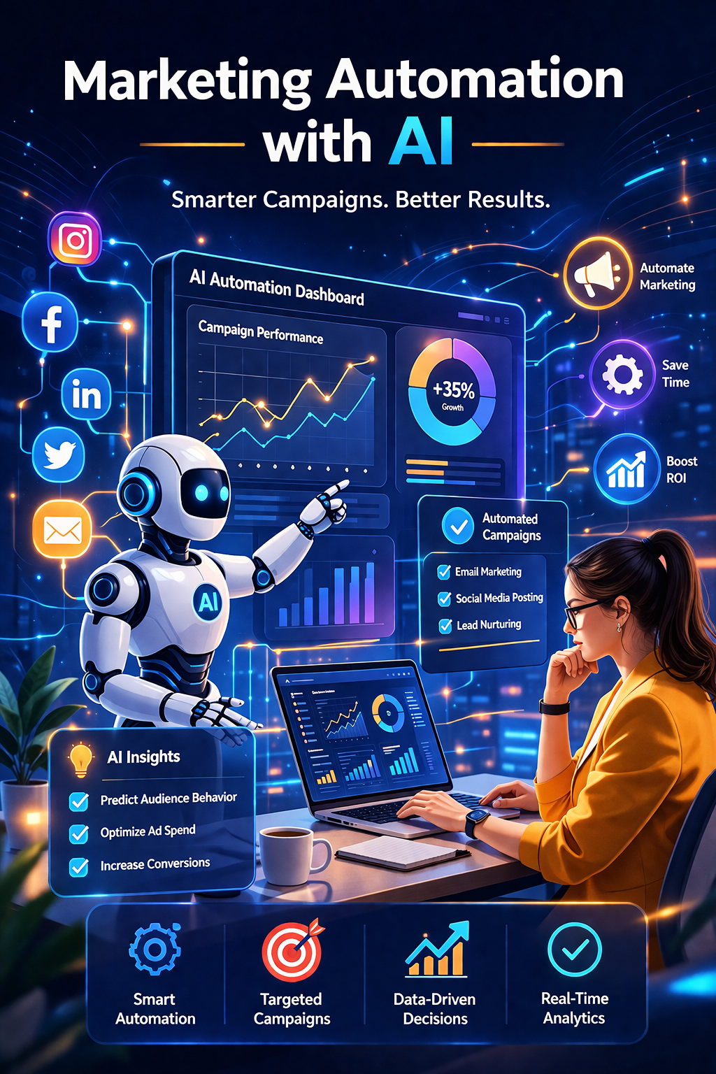 AI-powered marketing automation dashboard with chatbot, analytics charts, social media integration, and digital campaign management interface.