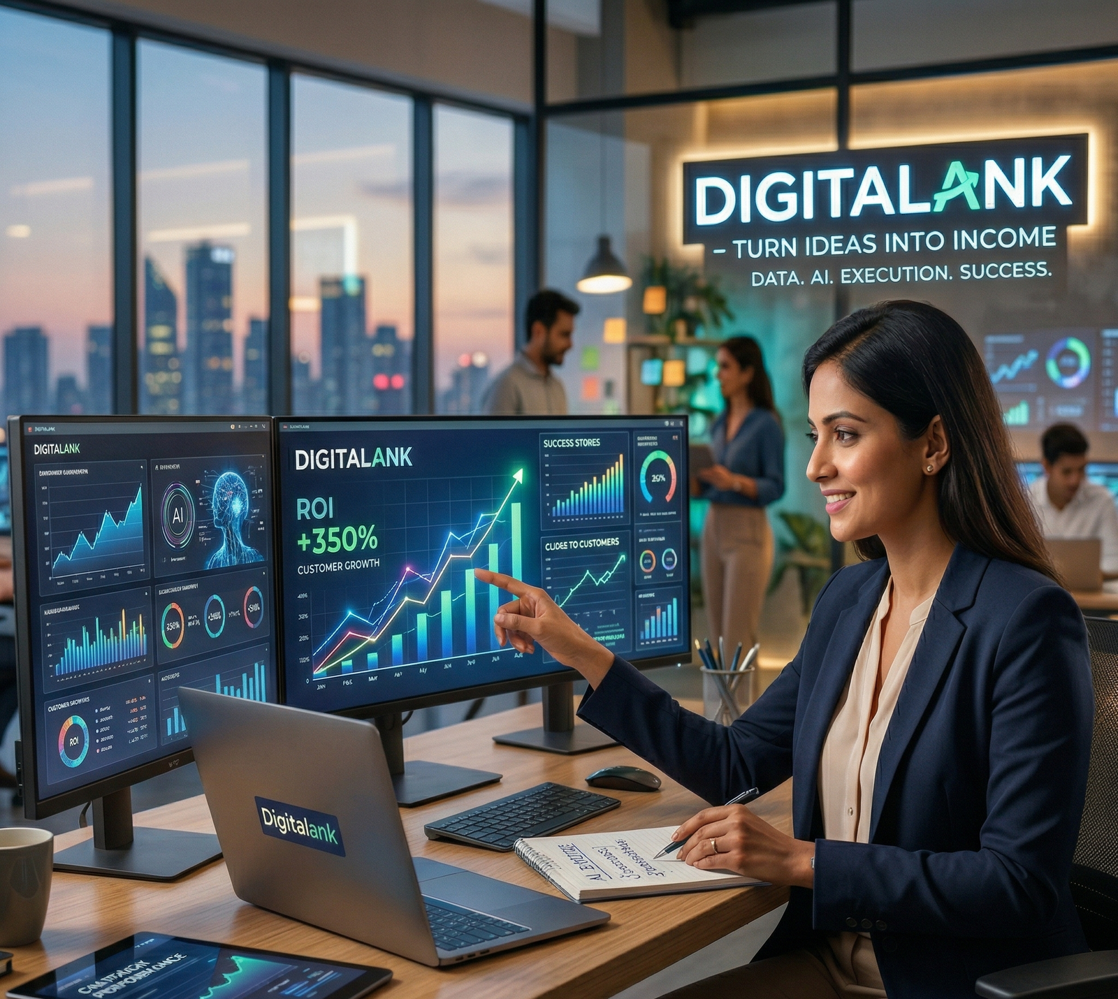 Digital marketing professional analyzing ROI growth and AI data dashboards on multiple screens in a modern office with Digitalank branding.