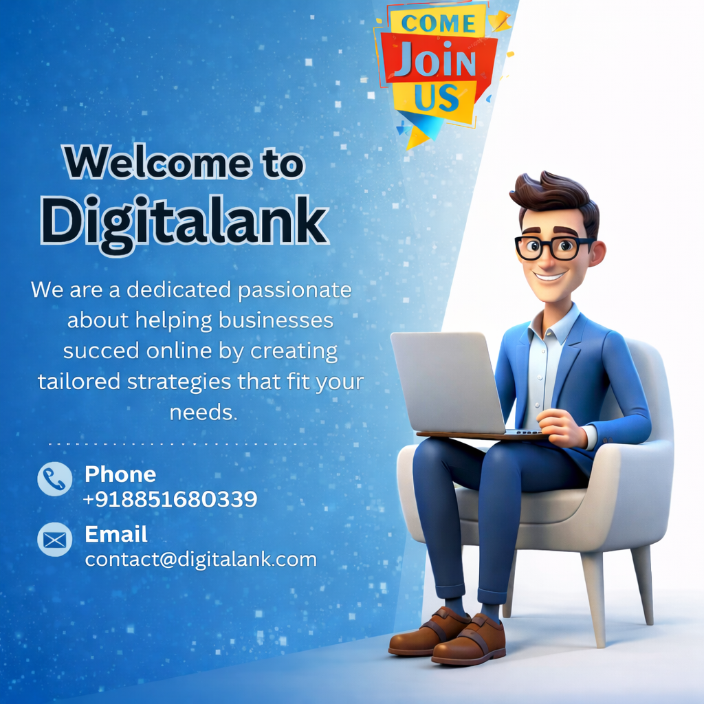 Digitalank digital marketing welcome banner with cartoon professional using laptop and contact details