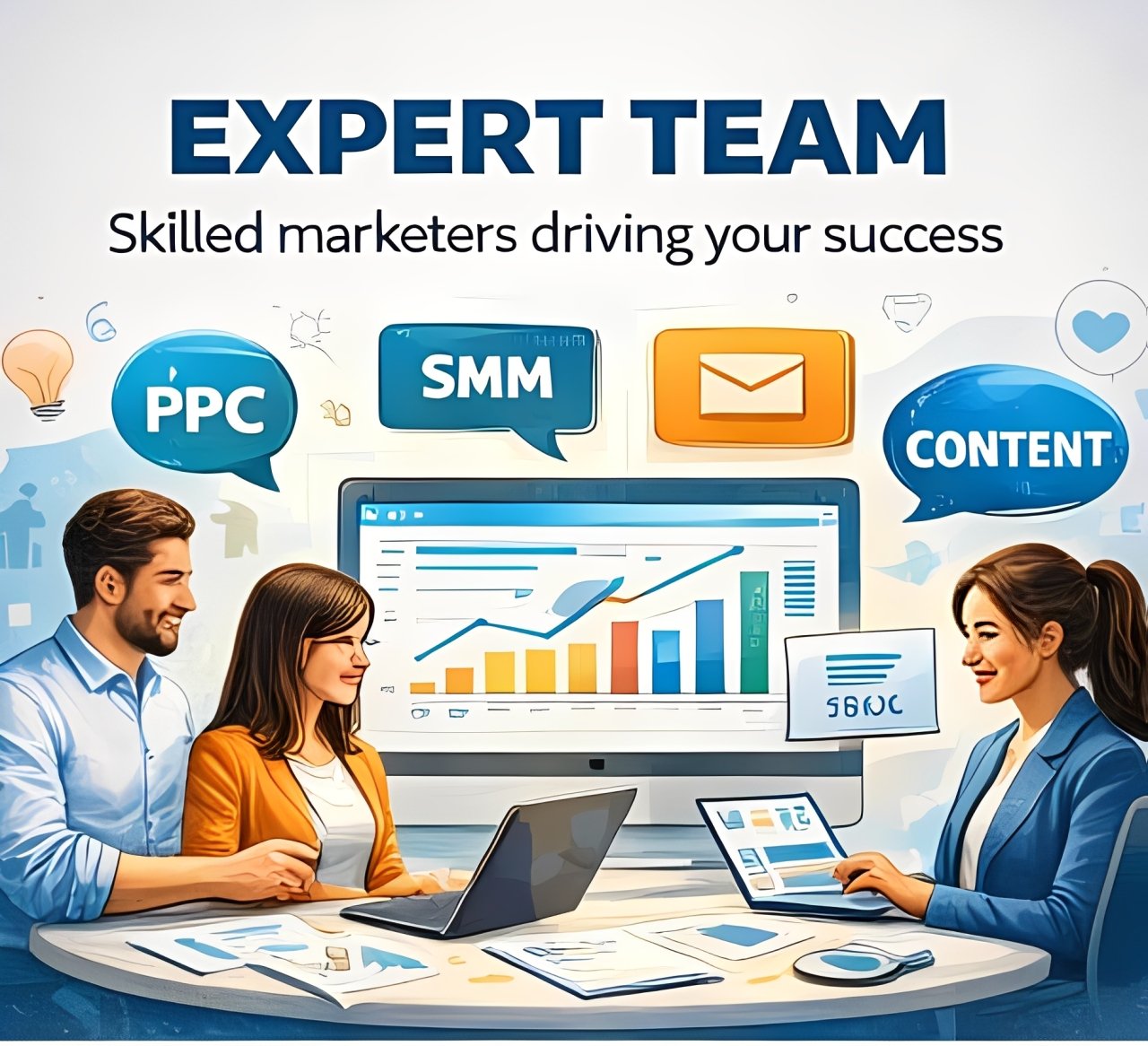 Expert digital marketing team working on PPC, SMM and content strategy with analytics dashboard