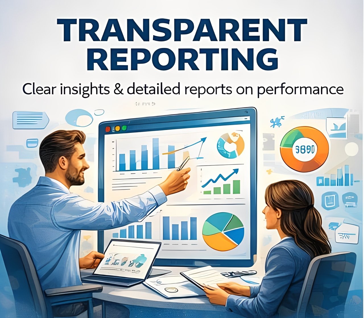 Digital marketing team analyzing transparent reporting dashboard with performance insights and analytics charts