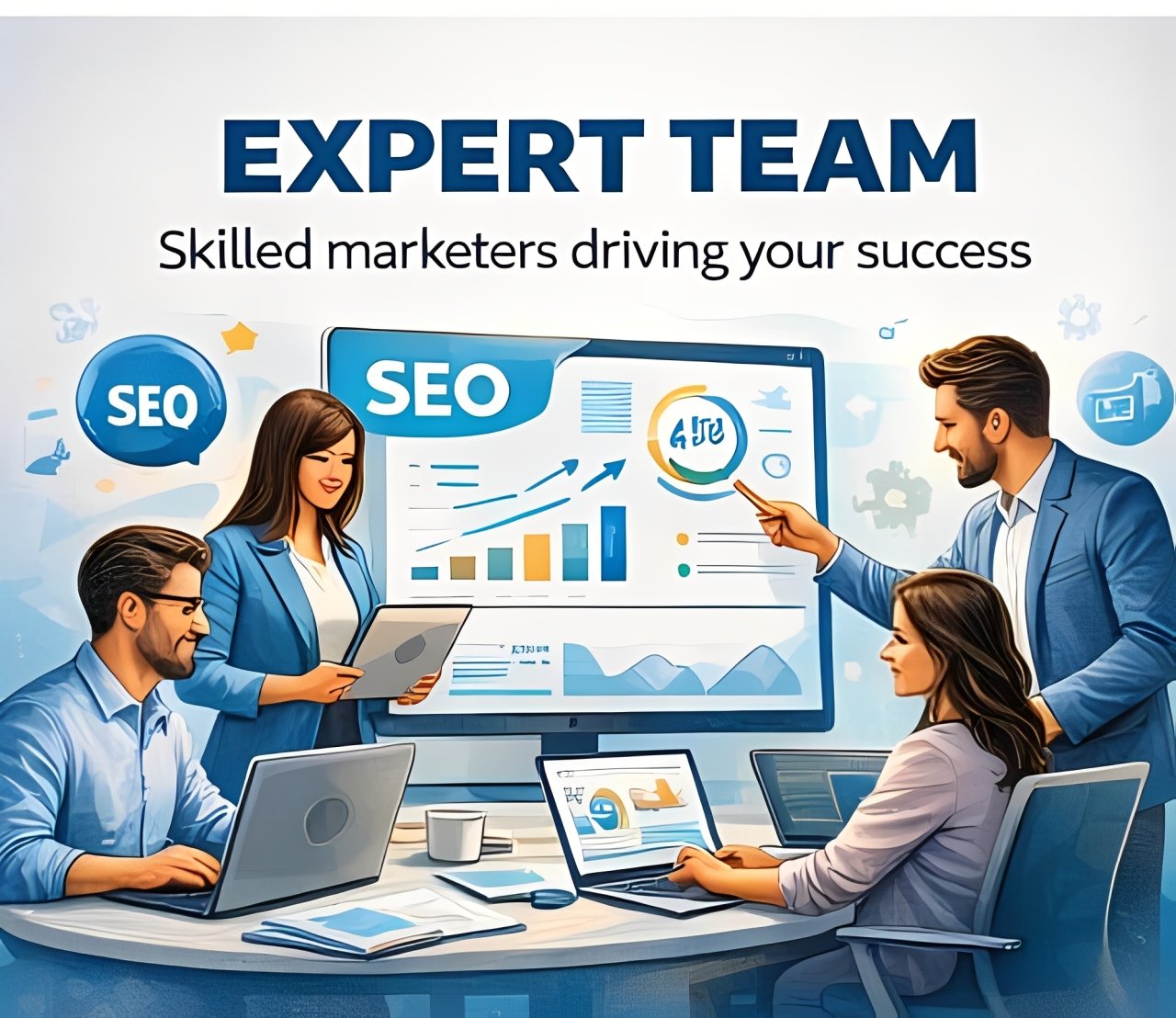 SEO expert team analyzing website performance and search engine optimization strategies