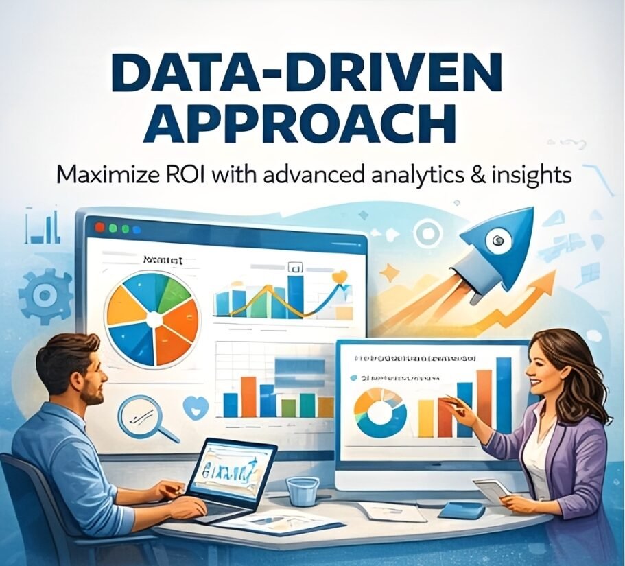 Digital marketing analytics dashboard showing data-driven strategy and ROI growth with team discussion