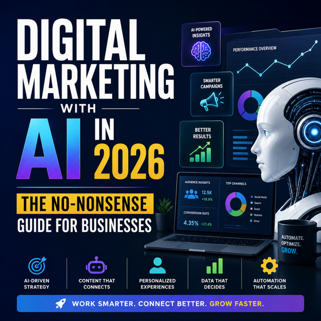 Futuristic digital marketing banner titled 'Digital Marketing with AI in 2026: The No-Nonsense Guide for Businesses'. The design features a humanoid AI robot beside a laptop displaying marketing analytics dashboards, performance graphs, audience insights, and conversion metrics. The dark blue background is accented with neon blue, purple, and yellow highlights. Key themes include AI-powered insights, smarter campaigns, better results, personalization, automation, data-driven decision making, and scalable business growth. The banner promotes using artificial intelligence to optimize digital marketing strategies and improve business performance in 2026