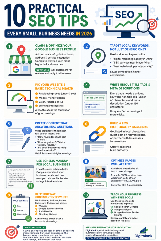 Infographic titled '10 Practical SEO Tips Every Small Business Needs in 2026' featuring ten actionable SEO strategies including optimizing Google Business Profile, targeting local keywords, improving website speed, creating quality content, building backlinks, using schema markup, optimizing image alt text, maintaining consistent business information (NAP), and tracking performance with Google Search Console and Analytics. The design uses modern SEO-themed icons, a clean blue and green color palette, and a professional business layout.