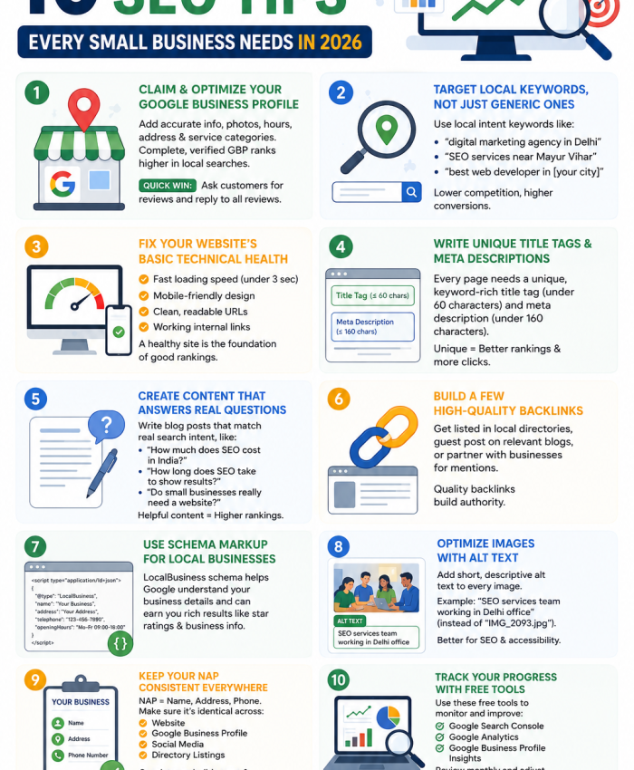 Infographic titled '10 Practical SEO Tips Every Small Business Needs in 2026' featuring ten actionable SEO strategies including optimizing Google Business Profile, targeting local keywords, improving website speed, creating quality content, building backlinks, using schema markup, optimizing image alt text, maintaining consistent business information (NAP), and tracking performance with Google Search Console and Analytics. The design uses modern SEO-themed icons, a clean blue and green color palette, and a professional business layout.
