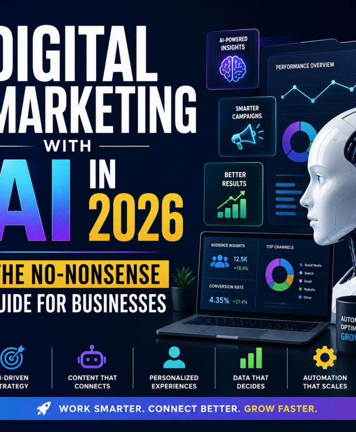 Futuristic digital marketing banner titled 'Digital Marketing with AI in 2026: The No-Nonsense Guide for Businesses'. The design features a humanoid AI robot beside a laptop displaying marketing analytics dashboards, performance graphs, audience insights, and conversion metrics. The dark blue background is accented with neon blue, purple, and yellow highlights. Key themes include AI-powered insights, smarter campaigns, better results, personalization, automation, data-driven decision making, and scalable business growth. The banner promotes using artificial intelligence to optimize digital marketing strategies and improve business performance in 2026.